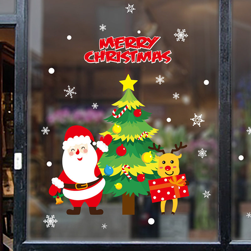 速发圣诞节墙饰品雪花圣璃老人树麋鹿店铺橱窗户贴花玻诞门贴纸装
