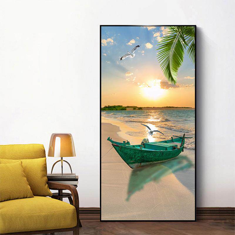 北欧简约海边小船风景装饰画素材客厅三联挂画卧室挂画高清图片