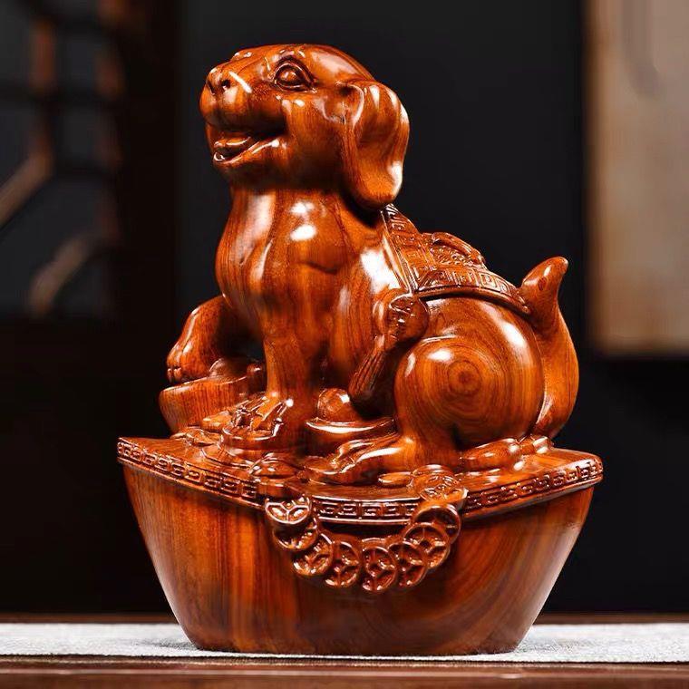 生肖狗摆件花梨实木雕刻动物黄色新中式客厅办公室书房摆设工艺品