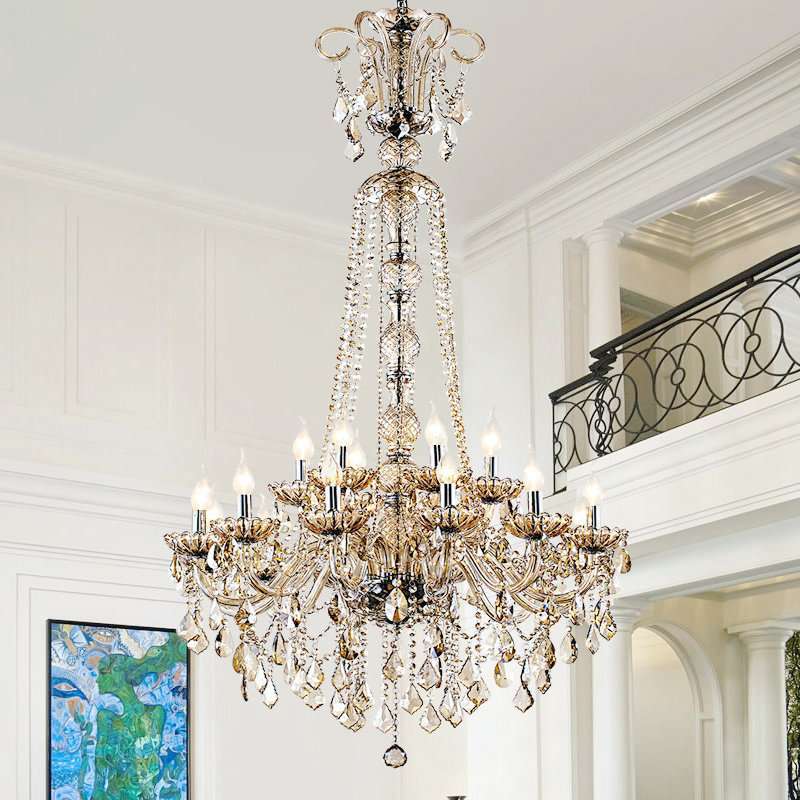 复式楼梯间水晶灯家缘豪华别墅阁楼大客厅loft跃层旋转欧式长吊灯