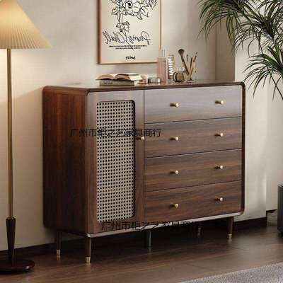 客厅收纳柜斗柜小立柜复古仿藤编门扇实木腿置物柜卧室靠墙抽屉柜