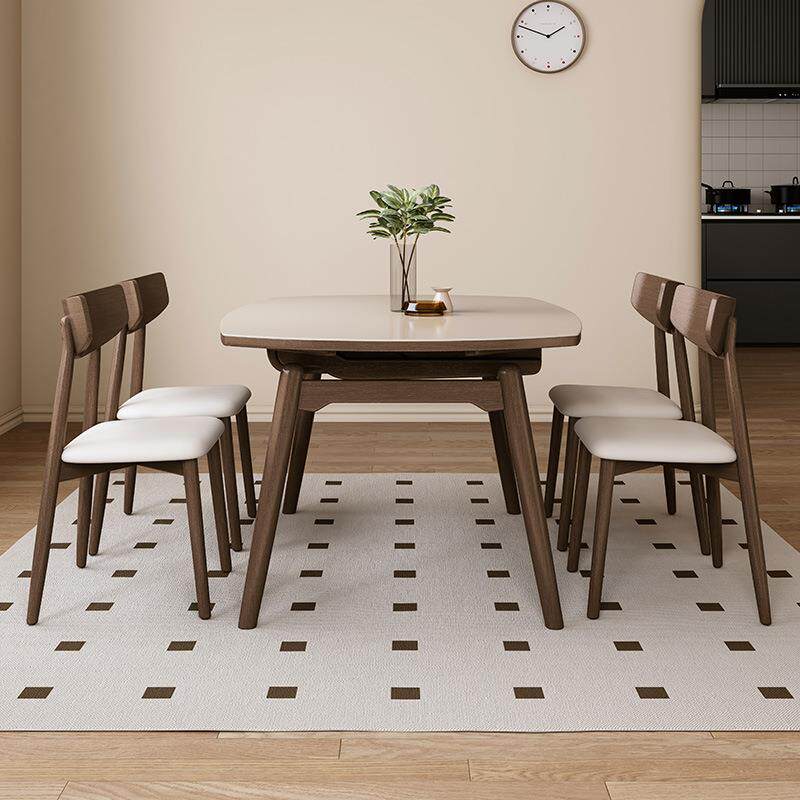 黑胡桃木色可伸缩实木岩板餐桌可变圆桌小户型家用原木中古风饭桌