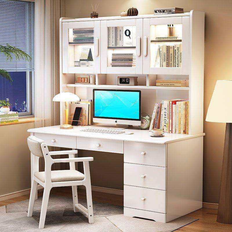 实木书桌书架一体桌家用卧室学生写字桌带书柜房间简约办公电脑桌