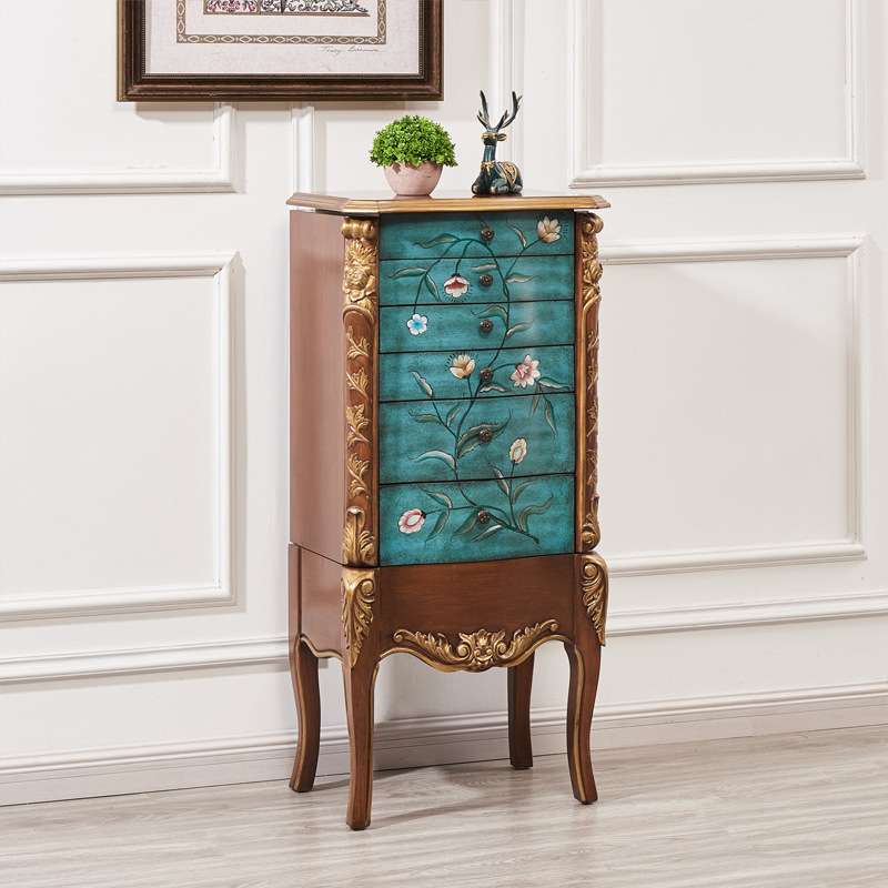 至高美玄关六斗柜实木金色装饰柜珠宝收纳整理边柜欧式复古彩绘柜