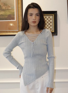 ZC.TenNine 不规则下摆v领绑带修身显瘦针织上衣