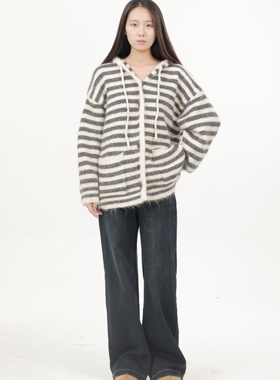 ZC.TenNine 韩系宽松慵懒风条纹连帽针织毛衣开衫外套