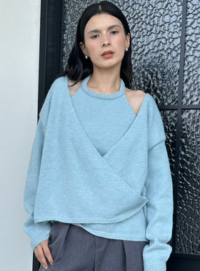 ZC.TenNine设计感交叉v领不规则针织毛衣挂脖背心两件套