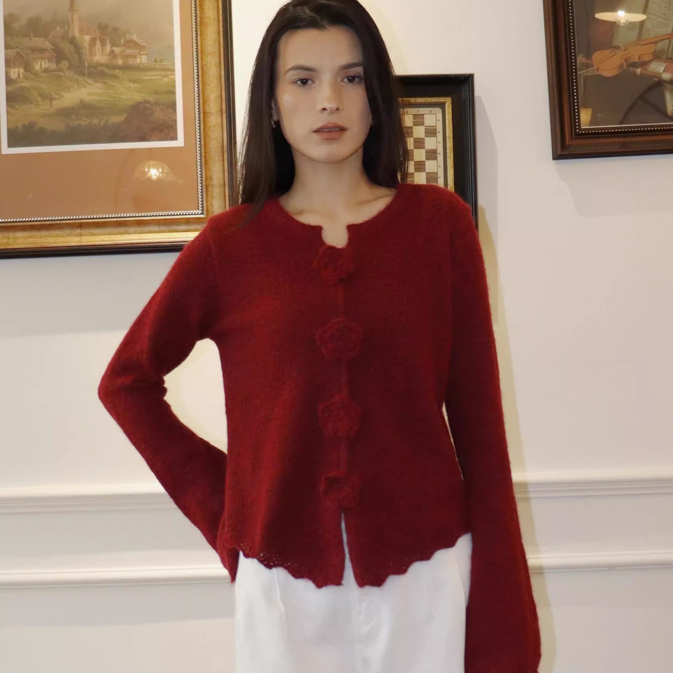 复古v领立体红玫瑰花朵针织