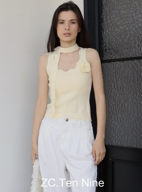 ZC.TenNine 奶油黄夏季花朵修身飘带百搭针织背心