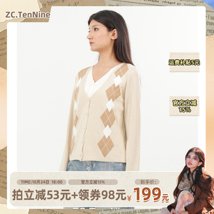 ZC.TenNine 学院风菱形格v领撞色假两件针织衫