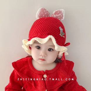 宝宝帽子秋冬款婴儿针织帽可爱超萌冬季红色新年婴幼儿女孩毛线帽