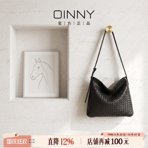 Oinny真皮羊皮高级黑编织托特包
