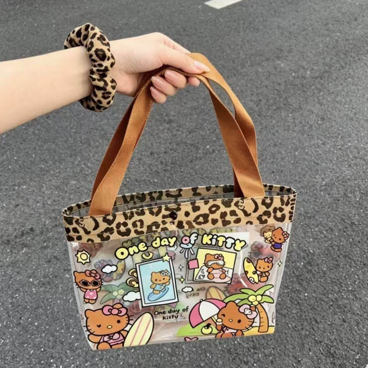 hellokitty豹纹果冻游泳包新款卡通透明印花手提包旅游防水收纳包