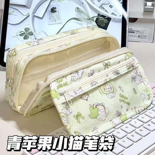 ins青苹果卡通小猫痛包笔袋少女心小清新印花文具袋高颜值铅笔盒