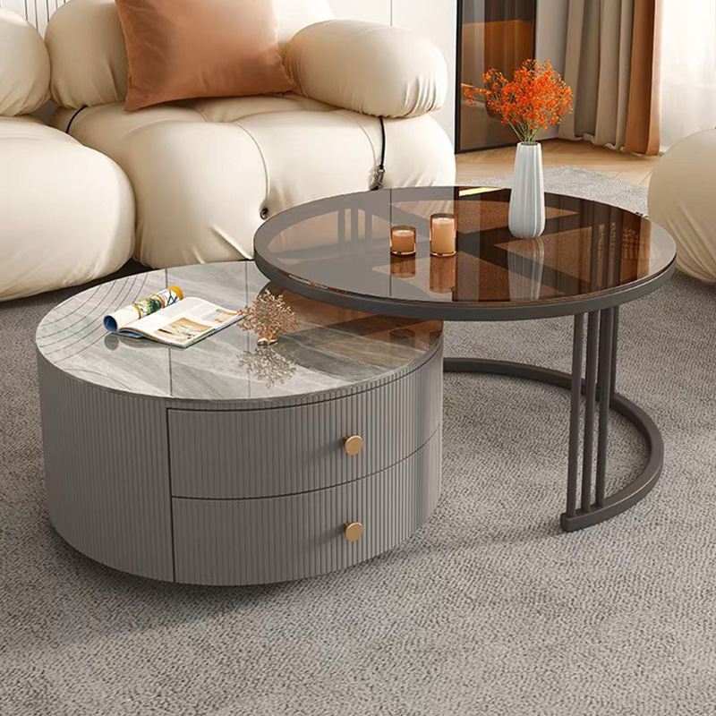 现代简约岩板茶几客厅家用圆形桌子轻奢网红小户型双抽茶几