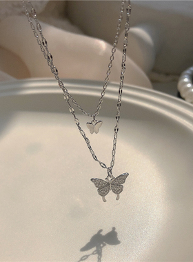 极速双层蝴蝶项链~闪钻2s021春夏新款潮颈链女ins百搭冷淡风锁骨