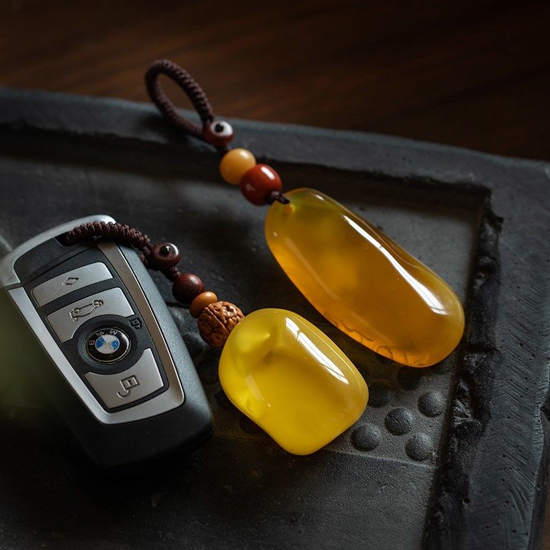 极速天然鸡油黄琥珀蜜蜡汽车钥匙扣挂件男K女一物一证手工吊坠挂