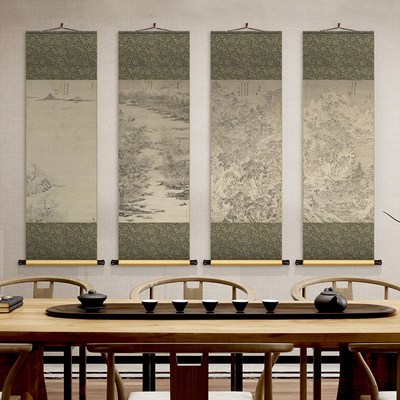 新品文伯仁四万山水n图中式丝绸卷轴画客厅茶室禅意装饰画玄关走