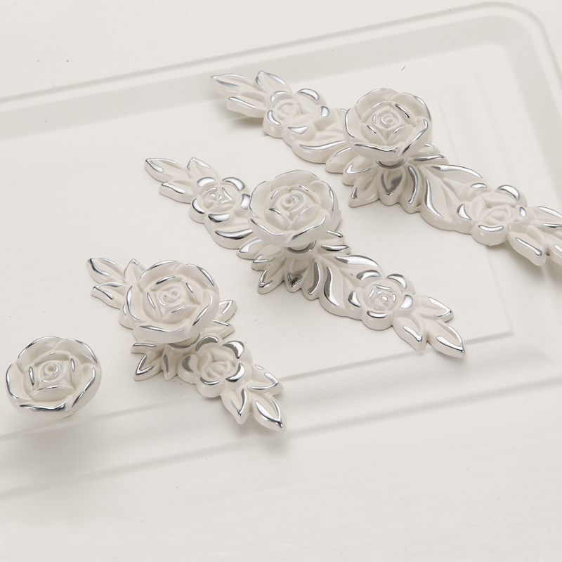 极速欧式象牙白色玫瑰花拉手 衣柜抽屉整体橱柜门把手Y仿古银单孔