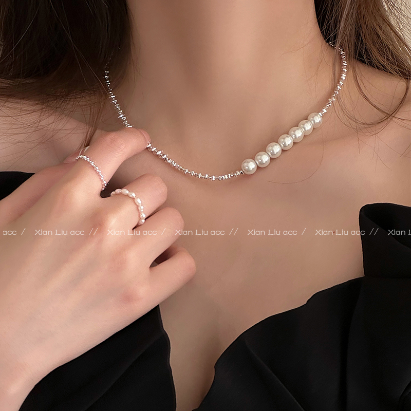 极速碎银子拼接珍珠项链轻奢小众y气质简约颈链锁骨链2023年新款