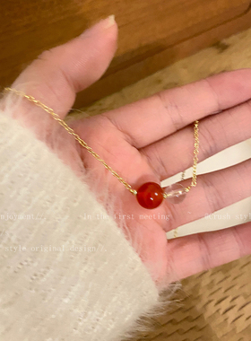 极速新中式红g玛瑙圆珠吊坠项链女国潮气质百搭戒指轻奢小众设计