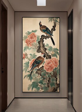 极速新中式玄关背景墙装饰画牡丹花鸟喜鹊客厅P挂画入户正对门国