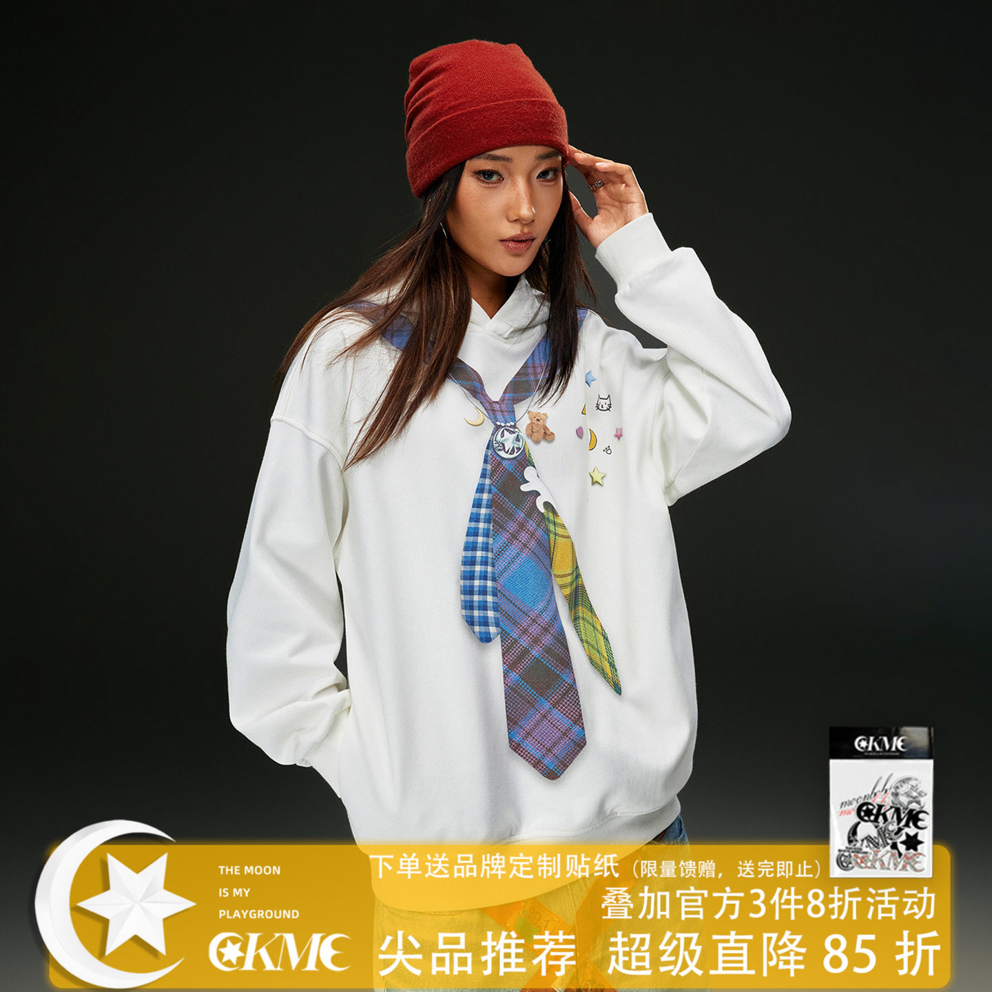 OKME2025春秋季新款美式复古卡通贴纸印花连帽卫衣