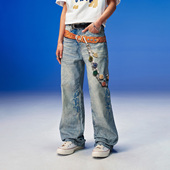 3D数码 复古宽松水洗裤 印月亮小子牛仔裤 浅蓝色做旧美式 新品 OKME