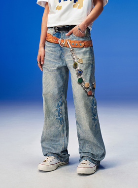 OKME 3D数码印月亮小子牛仔裤新品浅蓝色做旧美式复古宽松水洗裤