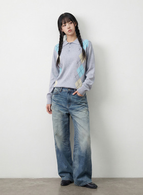 OKME毛须牛仔裤春秋季新款美式复古水洗牛仔裤