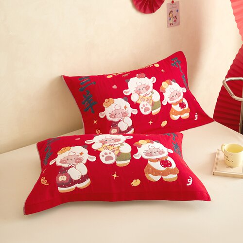 极有家卧室家用全棉五层纱布提花枕巾单人枕用结婚喜庆红52x78cm