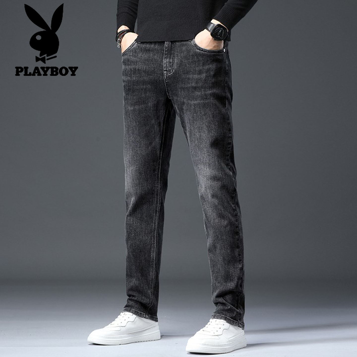 花花公子男士秋季牛仔裤新款潮流百搭修身直筒长裤弹力休闲男裤子