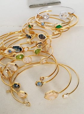 极速手镯 看好尺寸不退q728 韩系 超细质感亮金色开口椭圆镶水晶