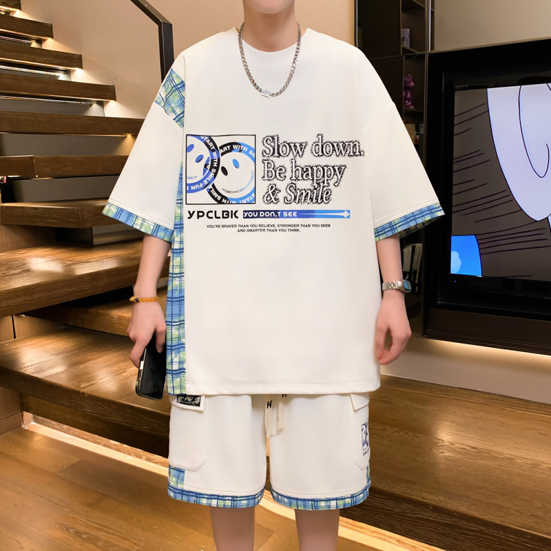 2025X夏季新款拼色港风夏季套装男青少年时尚宽松休闲运动套装
