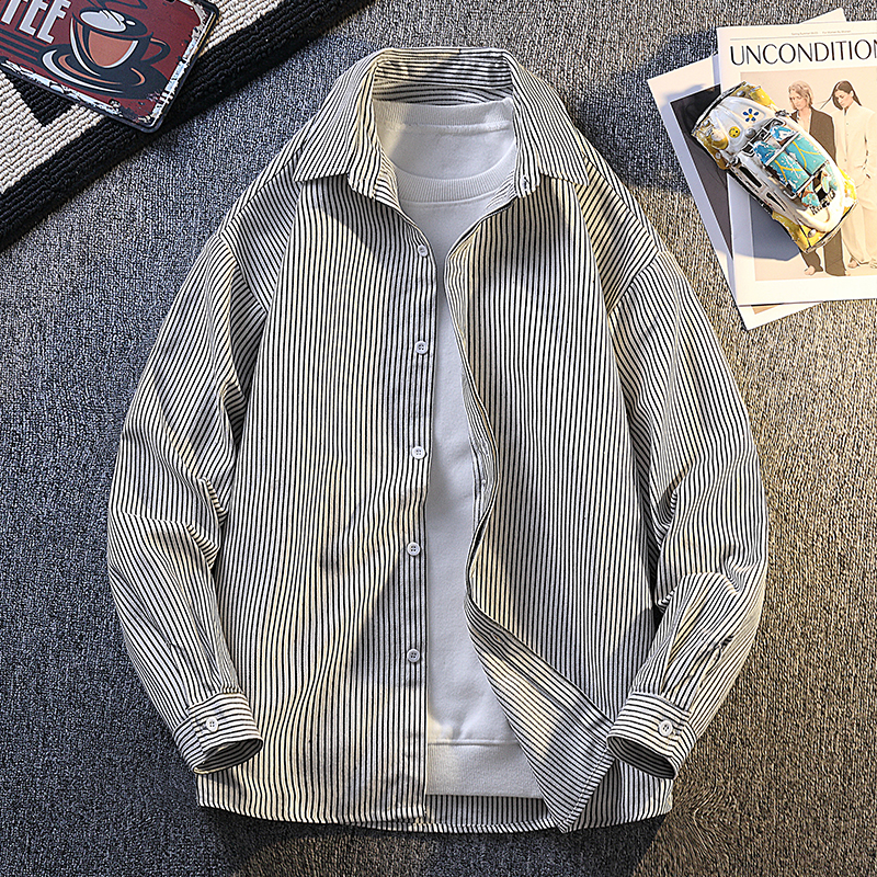 2025早秋新款青少年潮流时尚条纹衬衫翻领帅气男生百搭款衬衫上衣