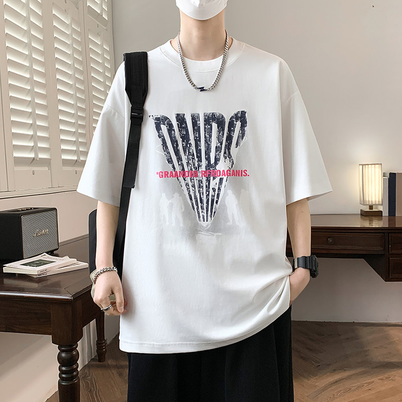 夏季青少年短袖美式潮牌个性印花设计宽松有型男生舒适百搭T恤