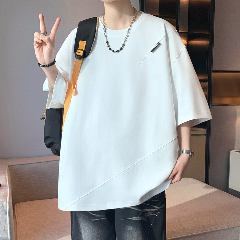 2026夏季新款青少年简约时尚拼接设计短袖个性贴标宽松百搭短袖t