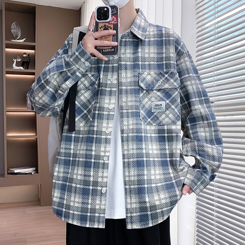 秋季新款青少年港风衬衫格子外套潮牌宽松撞色翻领男生百搭款夹克