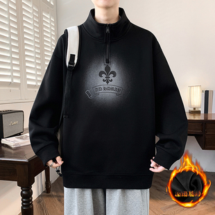冬季新款青少年半拉链加绒加厚卫衣韩版时尚背面印花装饰男生卫衣