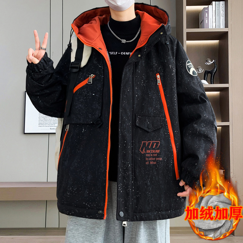 冬季重磅新款青少年韩版满天星夹克加绒加厚时尚潮流男生保暖外套