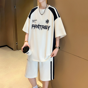 青少年夏季新款男士时尚休闲百搭夏季宽松潮流韩版假两件休闲套装