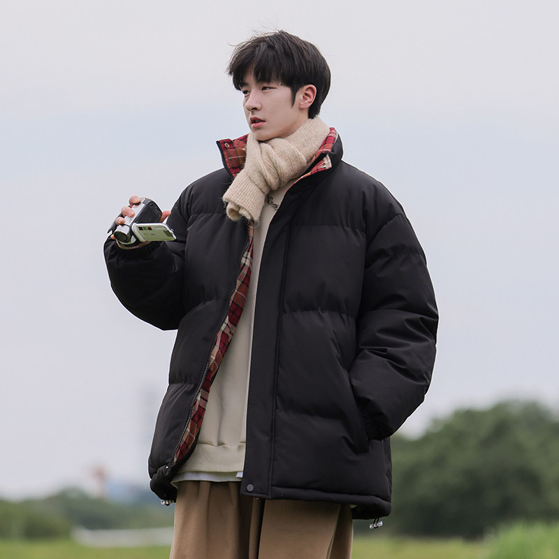 冬季上新青少年灯芯绒撞色格纹棉衣加厚超保暖情侣简约百搭款棉服