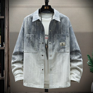 外套渐变色宽松有型男生痞帅夹克 青少年潮牌翻领牛仔衬衫 秋季 新款