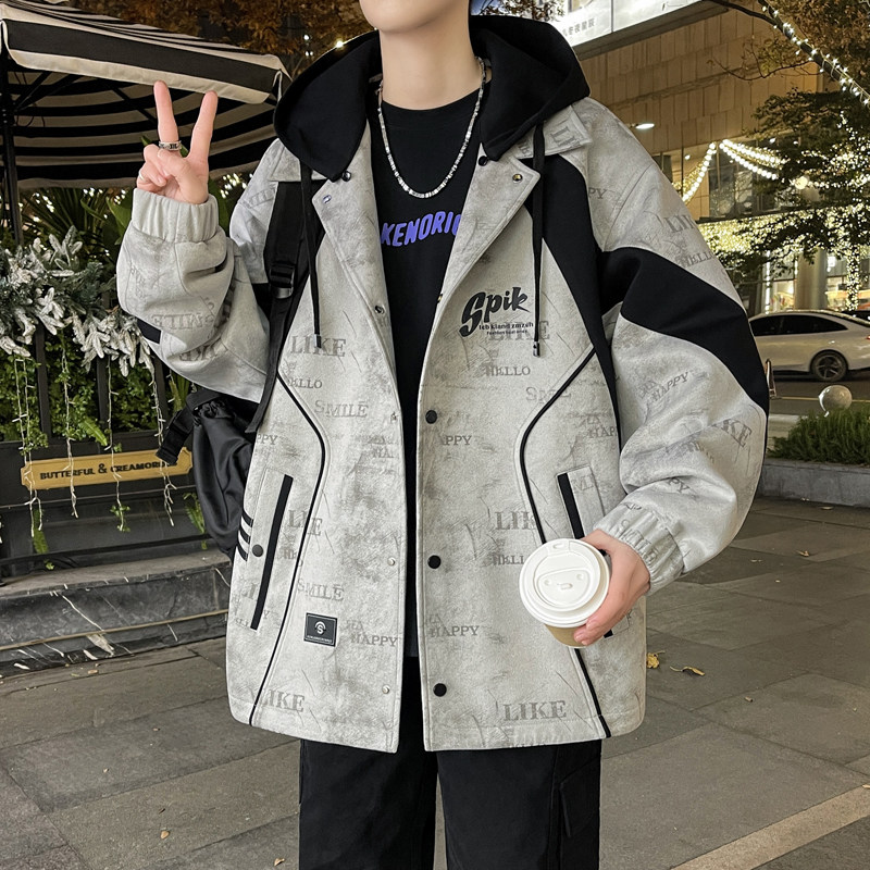 2026新春款青少年撞色可脱卸帽外套潮牌印花设计港风百搭男生夹克