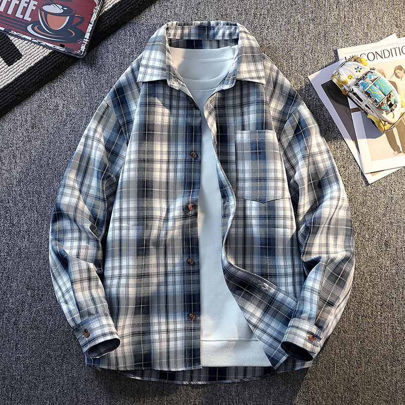 2025早秋新款青少年时尚大码格子衬衫宽松舒适男生痞帅百搭款衬衫