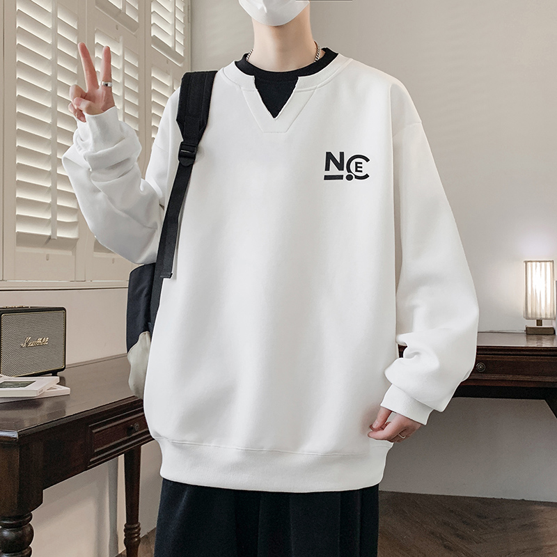 春秋新款青少年时尚假两件卫衣宽松潮流字母印花男生百搭款上衣