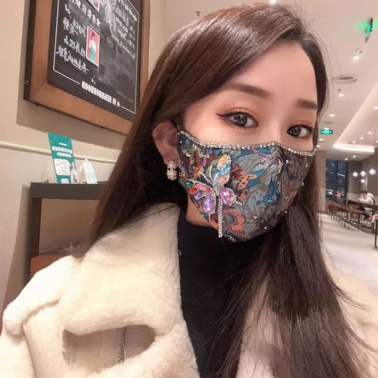 网红蝴蝶镶钻流苏同款国潮重工秋冬时尚保暖水洗口罩调节透气面罩