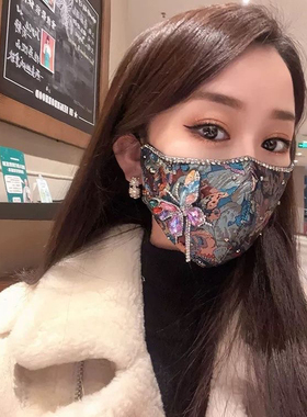 网红蝴蝶镶钻流苏同款国潮重工秋冬时尚保暖水洗口罩调节透气面罩