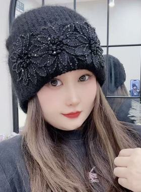 手工编织花朵装饰毛线帽女秋冬加厚保暖防风包头帽冷帽