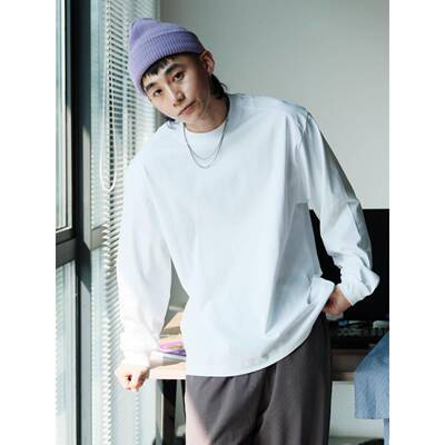 PrintsCrew索罗娜310克长袖T恤肩膀拼接宽松休闲潮流纯色基础上衣
